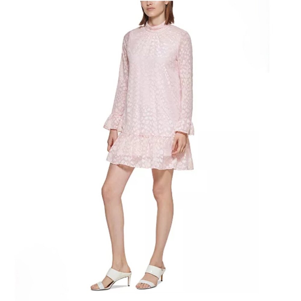 Calvin Klein Blush Pink Jacquard Mock Neck Ruffle Hem Dress L